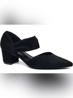 Women's Closed Pointed Toe Low Chunky Block Heels Strap Pumps
